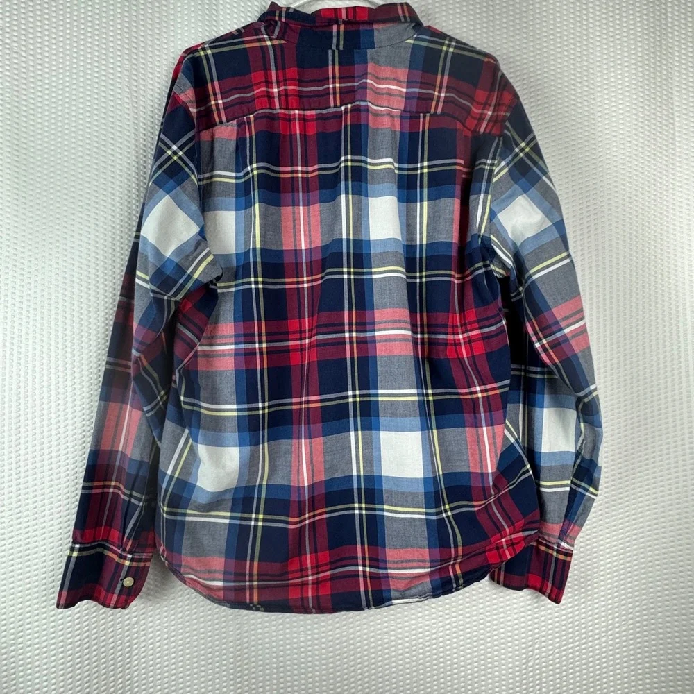 Vtg J. Crew Summer Plaid Button Down Shirt Men Red Blue Large Long Sleeve Pocket